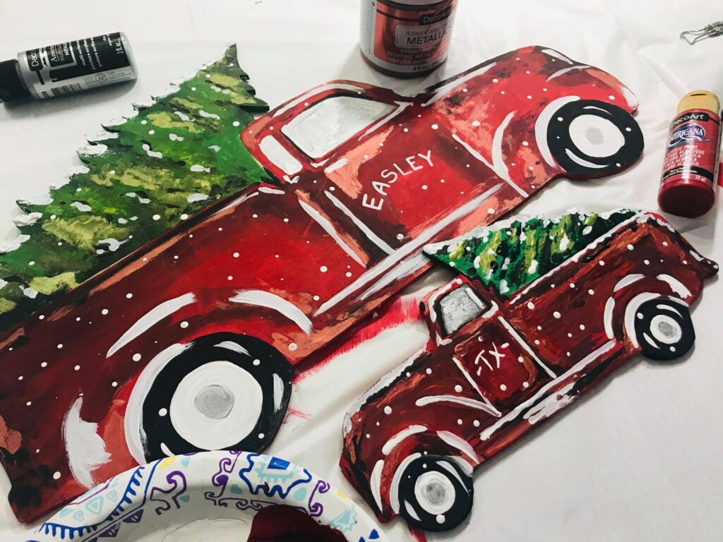 Painted red truck with shading and snow